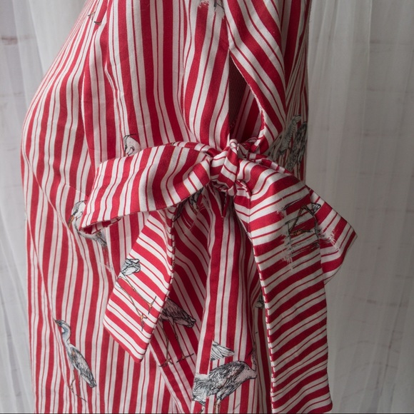 Zara Womens Red Vertical Striped Heron Bird Print Bow with Long Sleeve Blouse XS - Picture 6 of 12